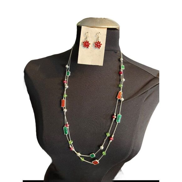 Festive Multicolor Beaded Necklace & Snowflake Earrings Set - Picture 1 of 9